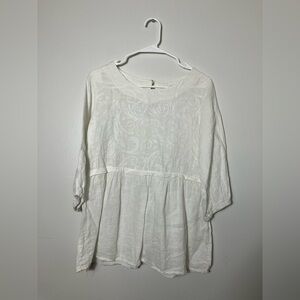 alessia pacini Made In Italy Linen‎ Blouse Sz Small White Embroidered 3/4 Sleeve